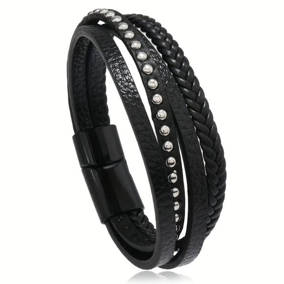 Black Leather Cuff Bracelet Wrist Rock Edgy Goth Punk Black Rivet Trendy Stylish - Picture 2 of 2